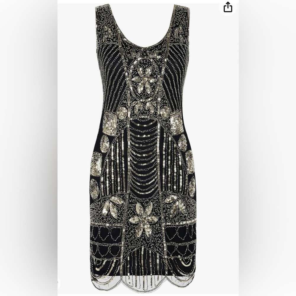 Plus Sized Gold & Black 1920s Flapper Sequin Scalloped Dress Costume